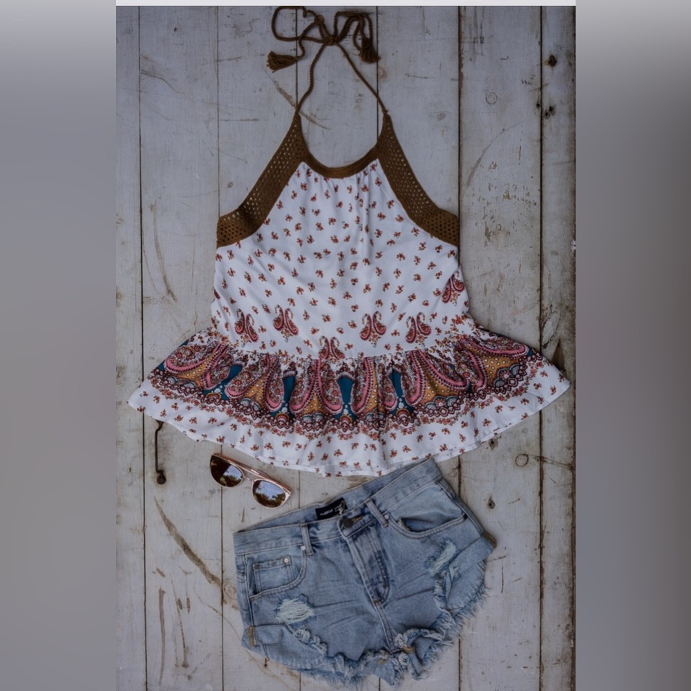 Lovestitch Crochet Halter Tank Top NWOT – Boho Paisley Print Festival Style